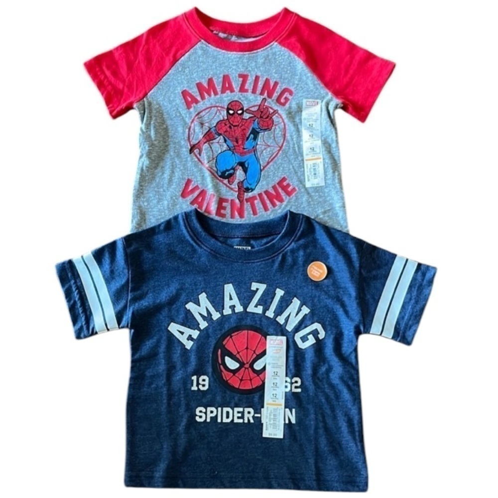 🆕 Spiderman T-Shirt Set of 2 Red/Gray Valentine and Blue Spider-Man 12M